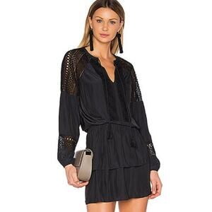 Ramy Brook Winnie Black Silky Tiered Mini Dress Crochet Lace Trim M